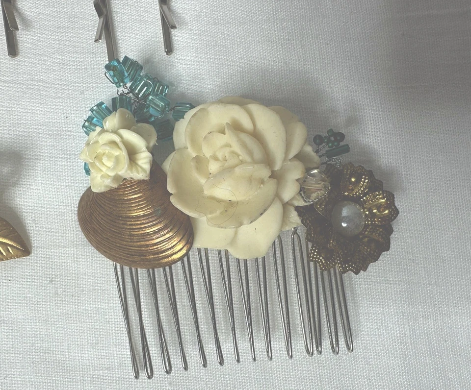 Hair Jewelry Combs Handmade Lot Of 15 Sparkle Prom Wedding Ceramic Flowers - Image 3 of 4