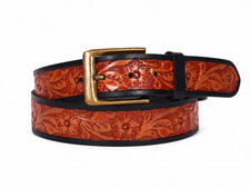 Brown Floral Embossed Leather Belt Antique Buckle Unisex Western Belt