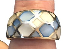 Sterling Silver 925 Dome Mosaic Blue White Mother Pearl Tapered Band Ring 7.25