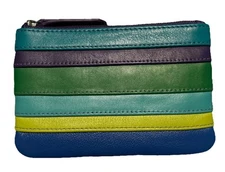 ILI Genuine Leather Stripe Key/Card/Coin Purse With RFID In Cool Tropics