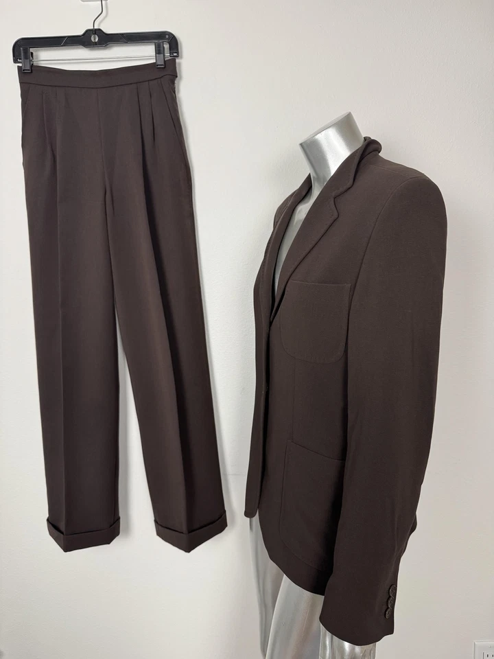 MaxMara Pantsuit Womens 4 Brown Virgin Wool Blend Blazer Trousers Made Italy - Image 3 of 4