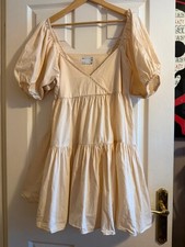 ASOS Design Cream Cotton Puff Sleeve Smock Mini Dress Cottagecore UK 12