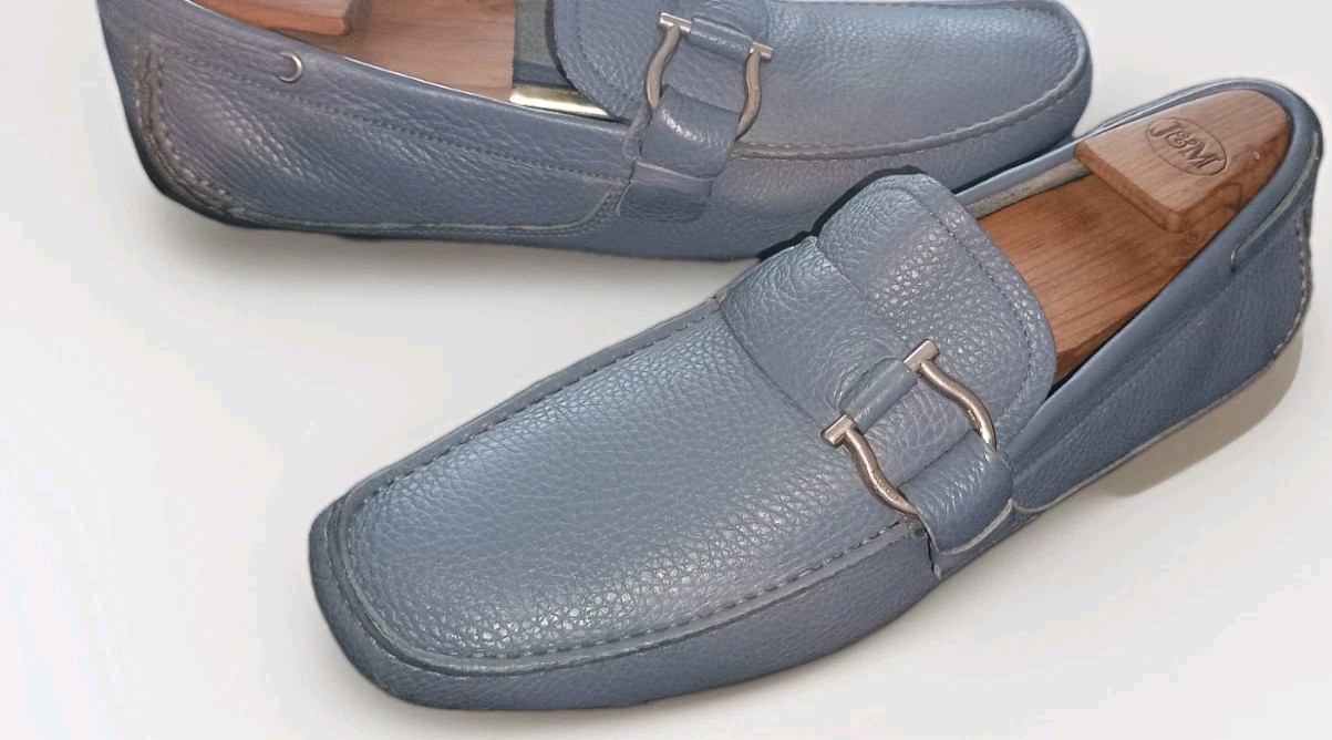 SALVATORE FERRAGAMO CABO Baby Blue Calf Pebbled Leather Mens Loafers Size 10 D