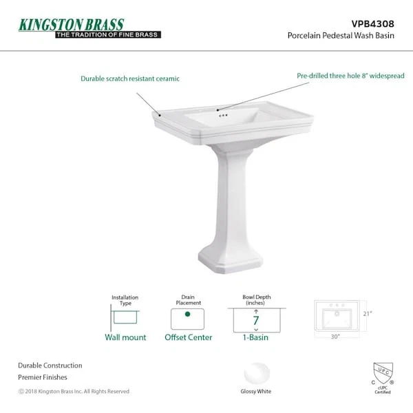 Fregadero de pedestal de porcelana KINGSTON LATÓN VPB4308 VPB4308, blanco Foto 2 de 2