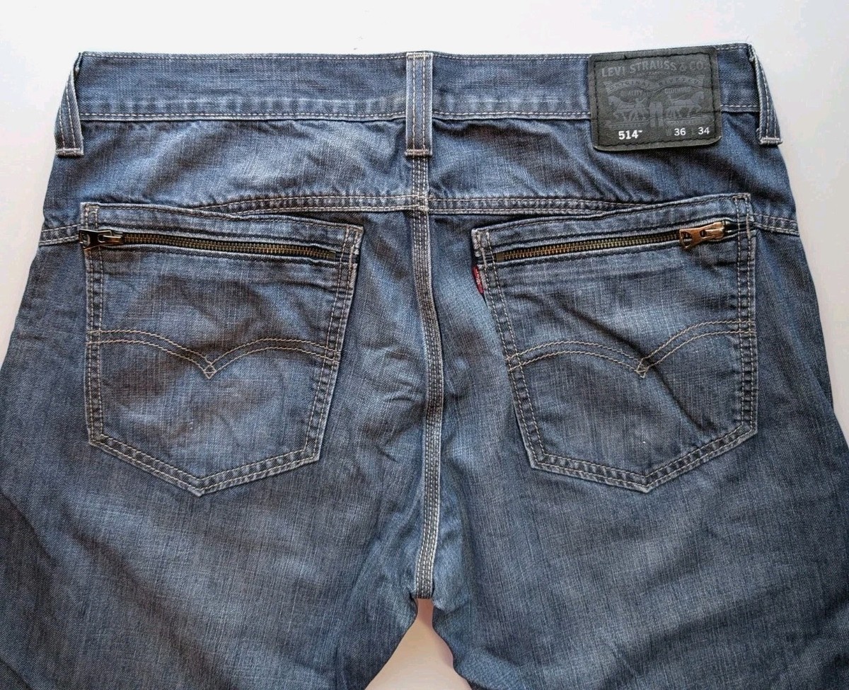 Levis 514 Blue Jeans Mens 36x34 Zipper Pockets Black Label 100