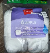 Hanes ~ Womens 6-Pair Cushioned Ankle Socks White Polyester (A) ~ Shoe Size 8-12