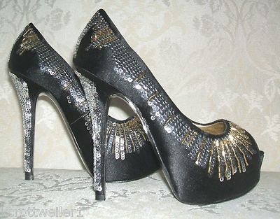 UVP £120 NINE WEST GRÖSSE 3 7 COMEAROUND2 SCHWARZ SILBER SATIN PAILLETTEN PUMPS SCHUHE