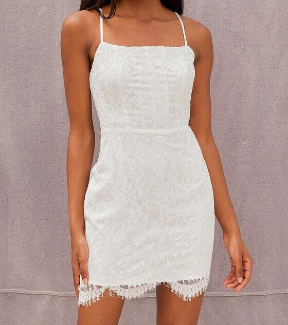 Lulus- Romantic Fate White Lace Bodycon Mini Dress (White, Small