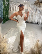 Sexy Mermaid Wedding Dresses with Side Split Lace Appliques Bridal Gowns