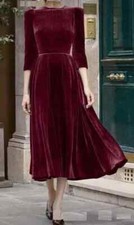 Elegant Maroon Velvet Midi Gown Wedding Bridesmaid Christmas Party Wear Dress