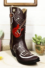 Faux Tooled Leather Cowboy Boot With Musical Notes And Guitar Vase Figurine