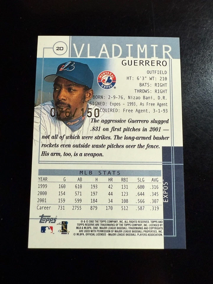 2002 Topps Reserve #20 Vladimir Guerrero Parallel /150 NRMT - Image 2 of 2