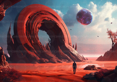 Psychedelic SciFi Kunstdruck Retro Futuristisch Astronaut Landschaft Weltraum A02
