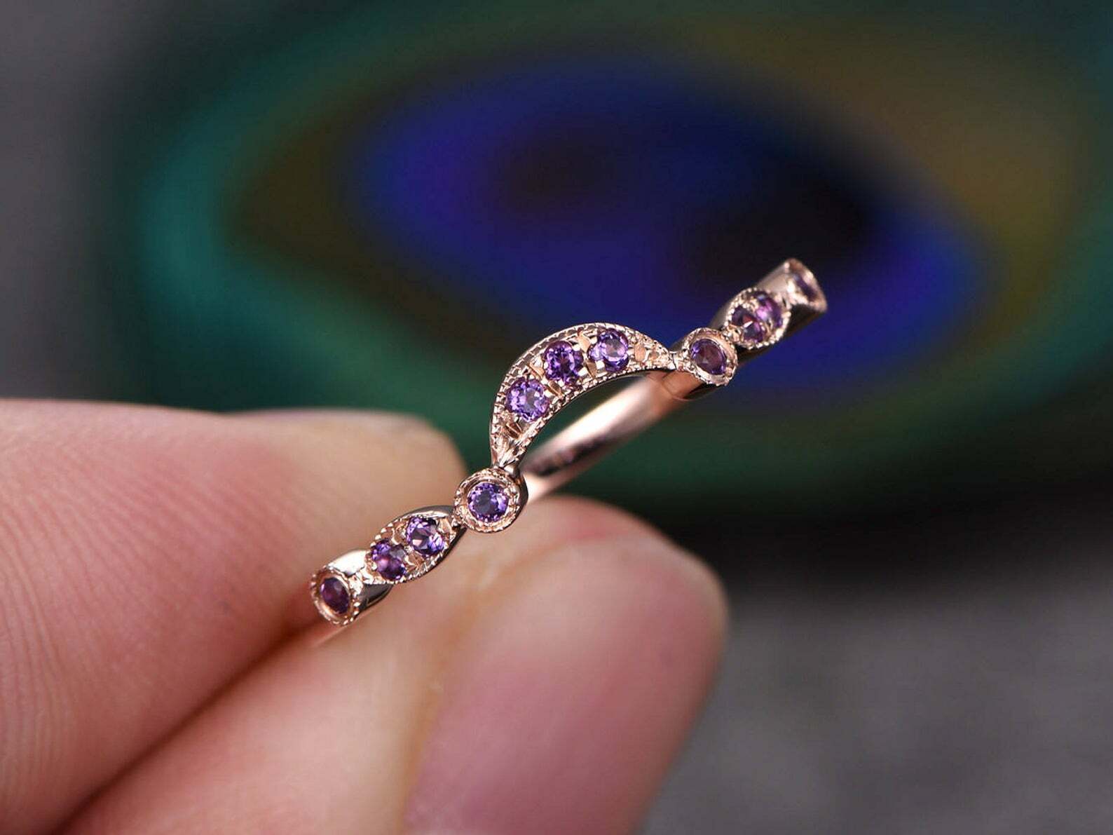 Natural Purple Amethyst Half Eternity Wedding Band Ring in Rose Gold Plated Silver for Women's Jewelry