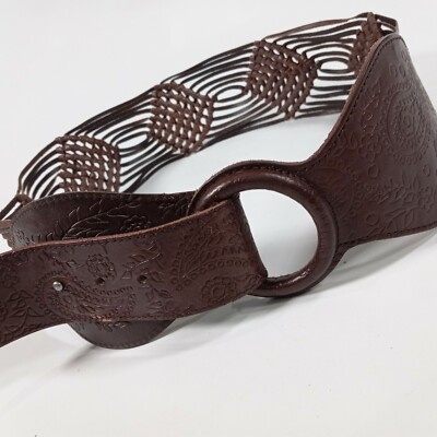 Bebe Leather Hip Belt Small 34 Paisley Flower Vine Woven Brown