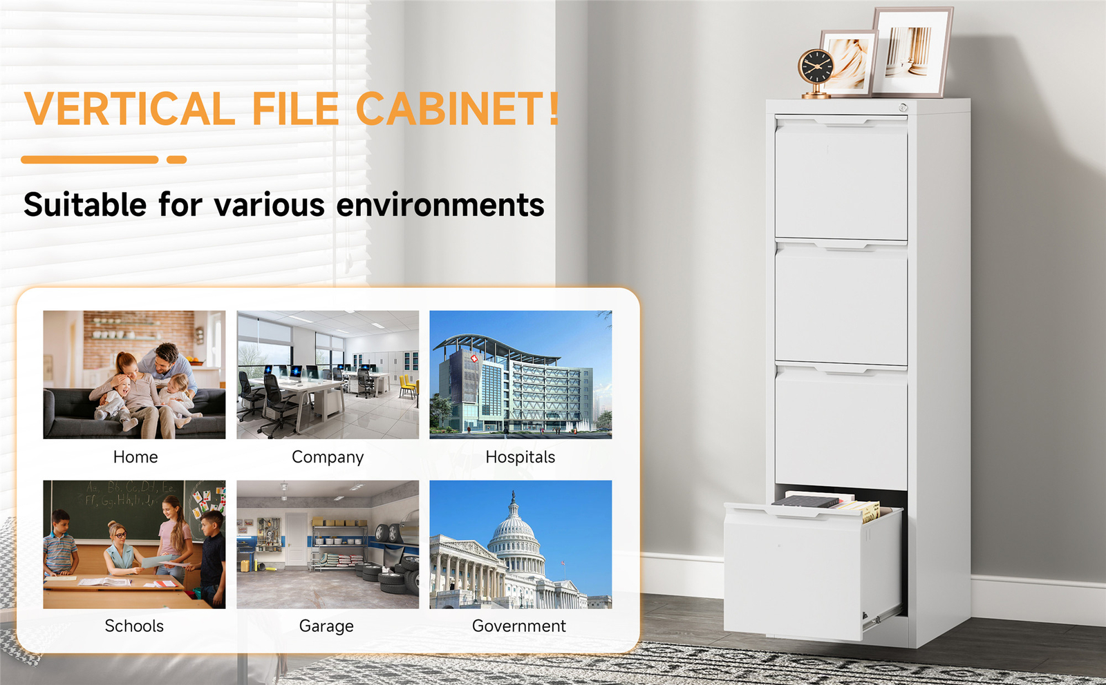 Metal Vertical Filing Cabinet,Lockable 4 Drawer Vertical Storage Cabinet Flat 