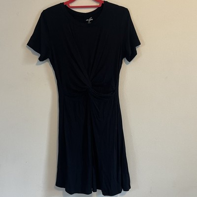 Francesca s black dress L sexy ruched defined waist short sleeves stretchy crew