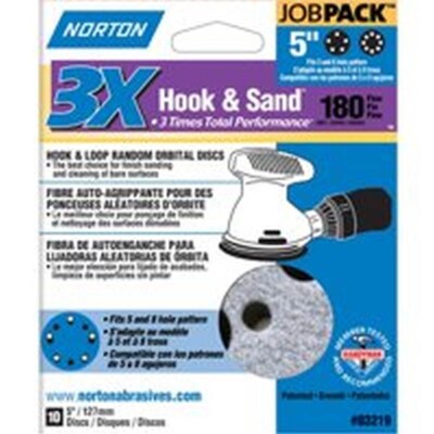 NEW Norton 03219 PK 10 Hook and Loop Sanding Discs 5'' Dia., 180 Grit USA 3308269