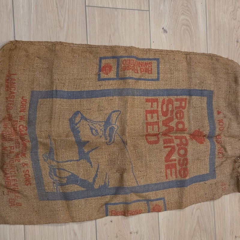 Vintage 100lb Eshelman Red Rose Swine  Feed burlap Sack Bag.  farm decor pigs