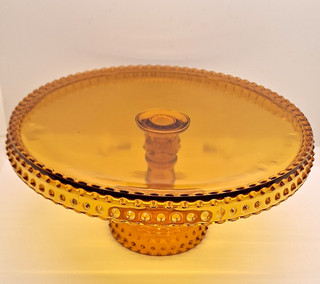 Amber Glass Round Pedestal Cake Stand Hobnail Edge 1 Item