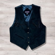 Quarters Mens Large Black Leather Snap Up Vest Vintage 90s Western Biker Suede