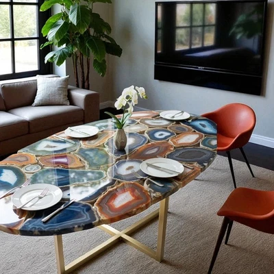Oval Mix Achat Ess & Meeting Tisch – Handgefertigt Edelstein Inlay Möbel Platten - Bild 1 von 4