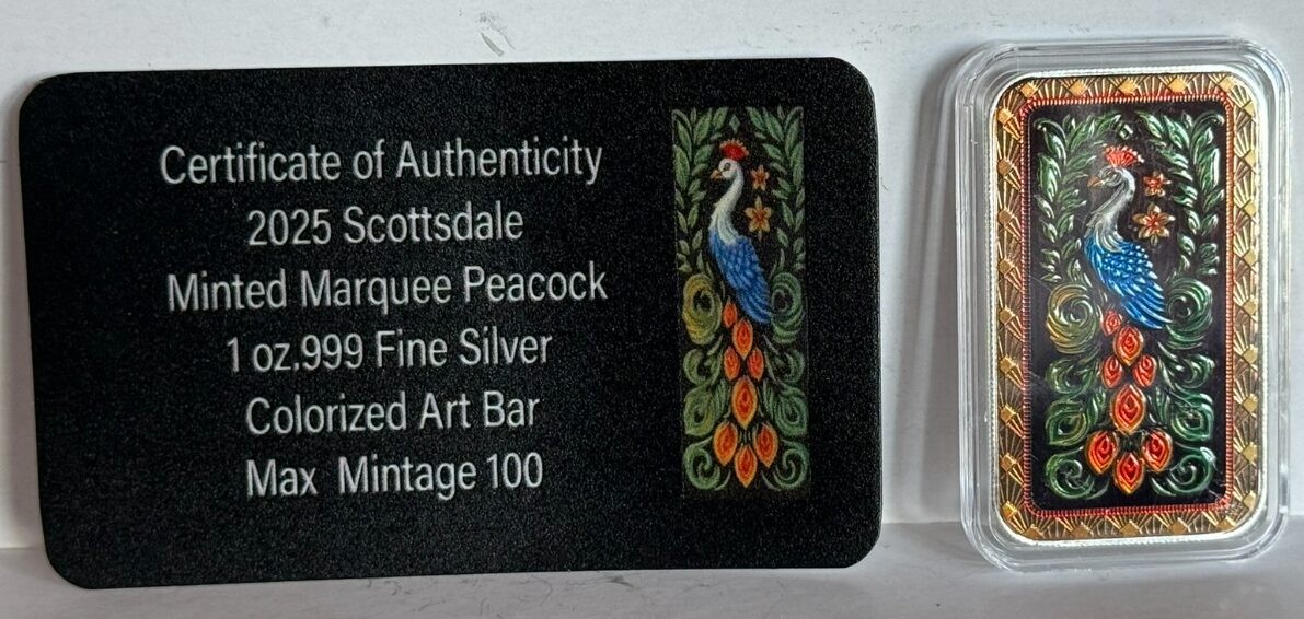 純銀 銘板 fine silver 8.6 gアクリル カプセル付 2025 2025 Scottsdale Minted Marquee Peacock 1 oz Silver Colorized Art
