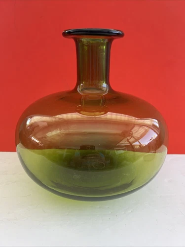 Vintage Blenko? Style MCM Large Green Glass Vase 8”