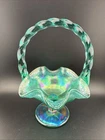 Fenton Aqua Blue Iridescent Carnival Glass Pedestal Basket Ruffle Edge 7”