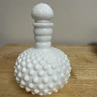Vintage White Milk Glass Perfume Bottle with Stopper and Cork Hobnail  6"