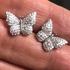 B0245 Sterling Silver Butterfly Stud Earrings 925 Pav  CZ