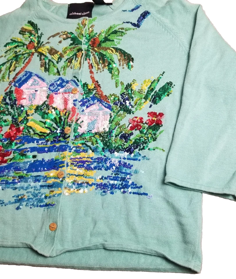 Cárdigan Suéter Vintage Michael Simon Palm Tree Beach Cuentas Lentejuelas 2002 Talla M Foto 3 de 4