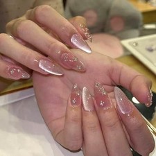 Nude Pink Cat Eye Press On Nails Almond Medium, Glossy Milky Pink A21-pink