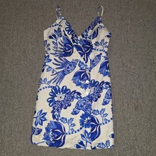 Farm Rio Womens M Floral Birds Linen Mini Dress Blue White Tropical NWT $185
