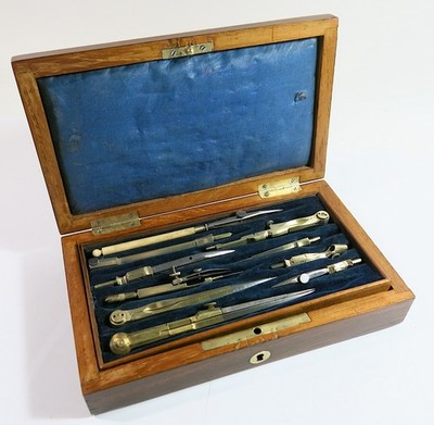 Antique late 1800s Drafting/Compass Set in Mahogany Veneered Box