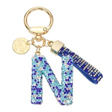 Initial Letter Keychain, Gift Bling Letter-N Key Chain for Women, Blue