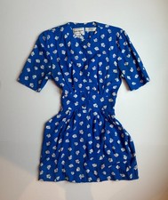 VTG Karin Stevens Bright Blue White Patterned Dress Women's Size 4