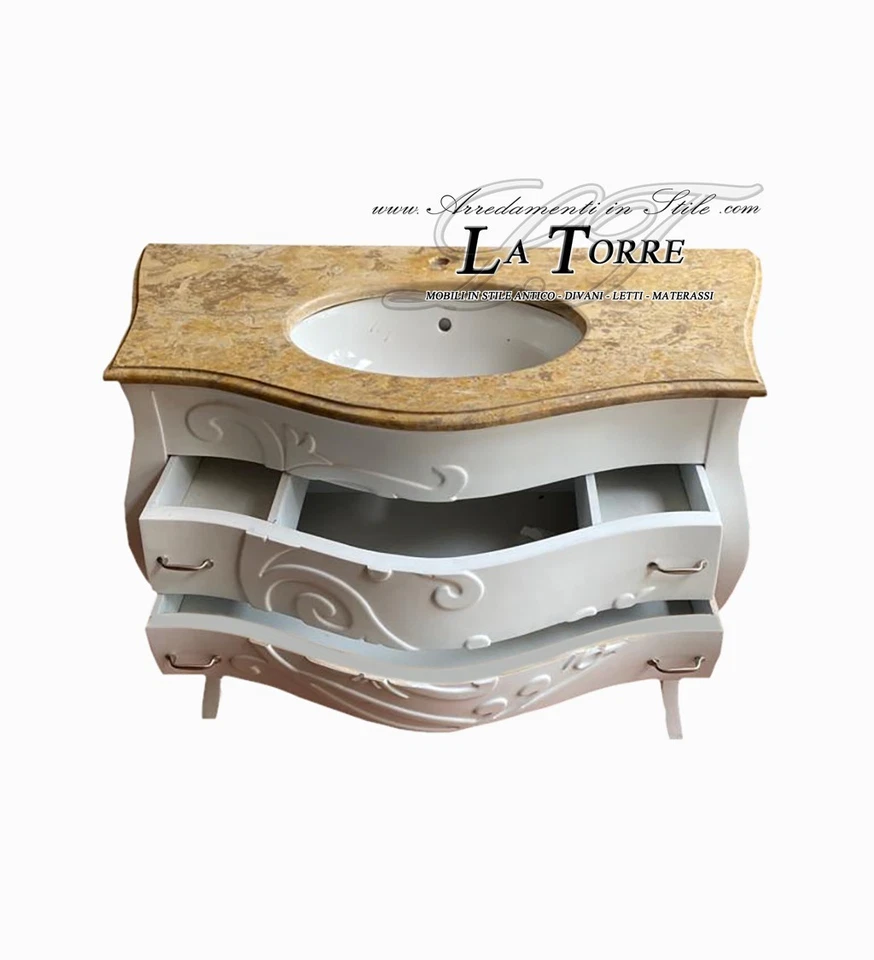 Mobile bagno Luigi XV bianco marmo avorio bombato barocco moderno Mi01 - Immagine 4 di 4