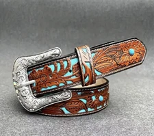 1.25" WESTERN LEATHER BELT. COWBOY RODEO CASUAL BELT FLORAL EMBOSSED