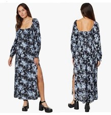Free People Small Jaymes Midi Dress Floral Printed Blue Black Combo NWT