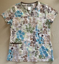 Cherokee Body Stretch Scrub Top Women  s Small Floral Butterfly Print Short Sleev