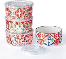 Ceramic Bowls Set W/ Lids Set of 4 Microwave Safe Bowls Soup Meal Prep Cereal