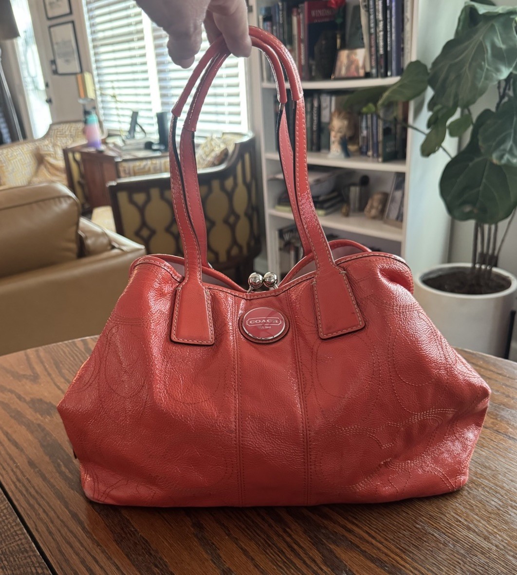 Vintage Coach Signature Patent KissLock Frame Purse Handbag Coral
