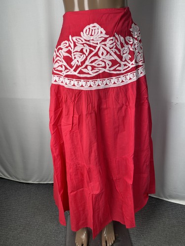 Chakeris Womens Maxi Skirt Red Size XS Floral Embroidery Long Hippie Flowy