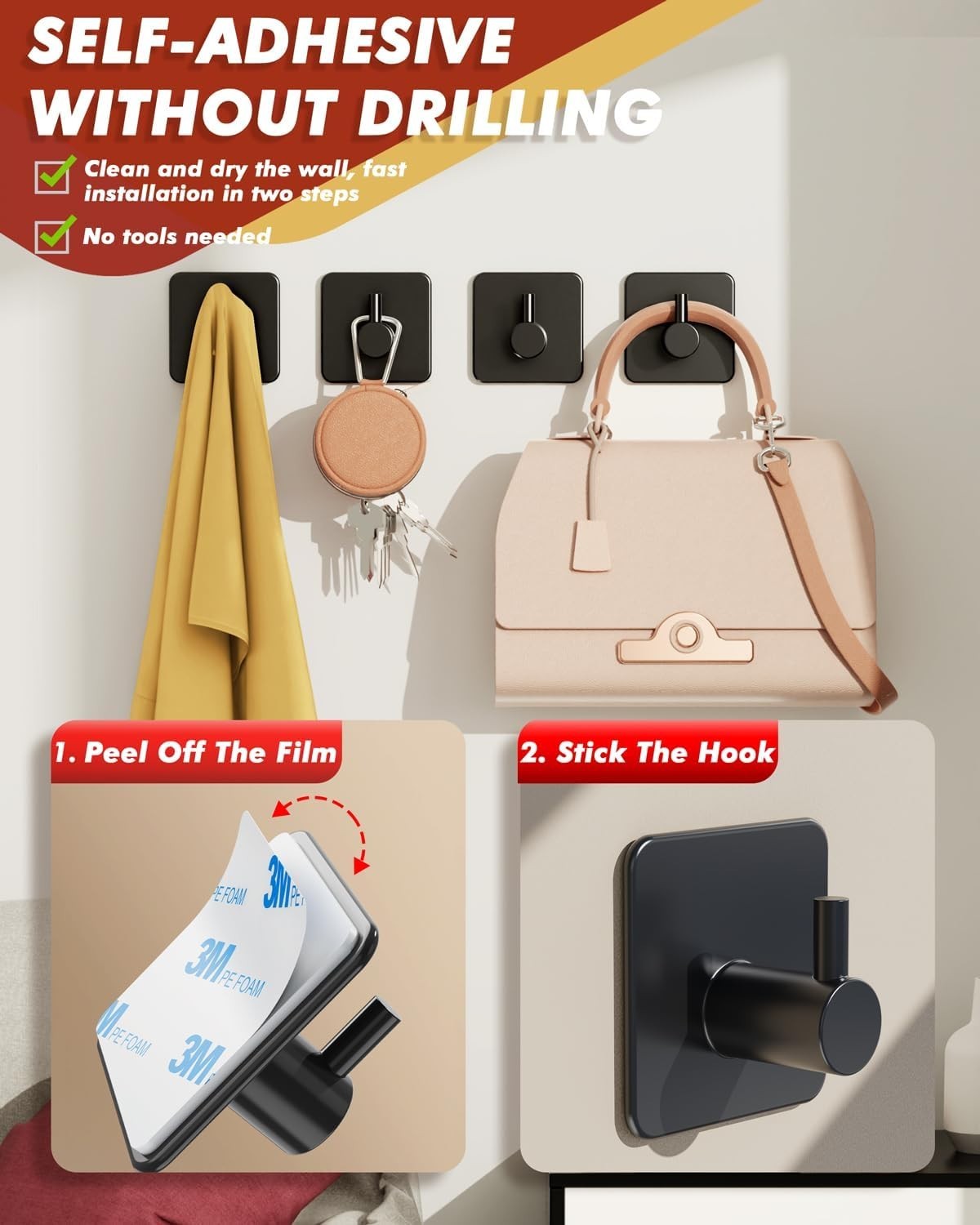 Heavy Duty 5 Pack Adhesive Hooks - 30lbs Max Capacity, Rustproof Stainless Steel