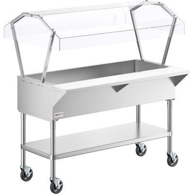 Stainless 4 Pan Ice-Cooled Food Table w/ 2-Sided Sneeze Guard and 5'' Casters