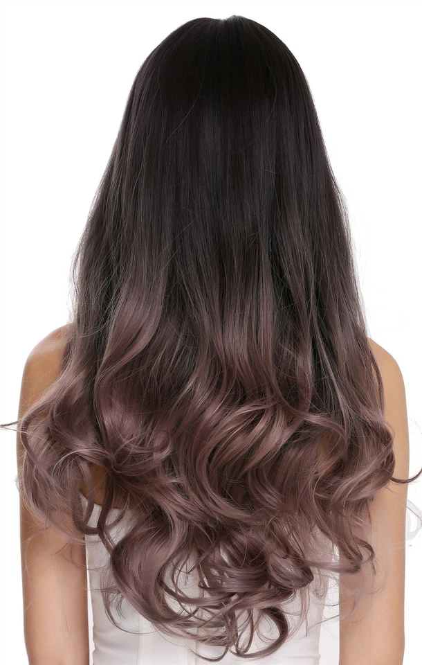 Perruque pour Femme Long Ondulés Frange Balayage Brun Foncé Rose Cosplay H1800 - Photo 3/4