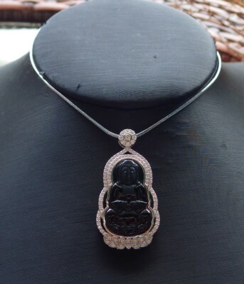 Silver 925 Certified A JADE Jadeite pendant Green Black Guanyin 墨翠 528301