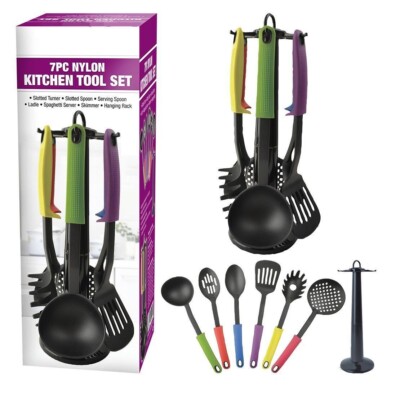 Schwarz Nylon Küchenutensilien Werkzeug Set Küche Bunt Ergonomische Griffe 7tlg