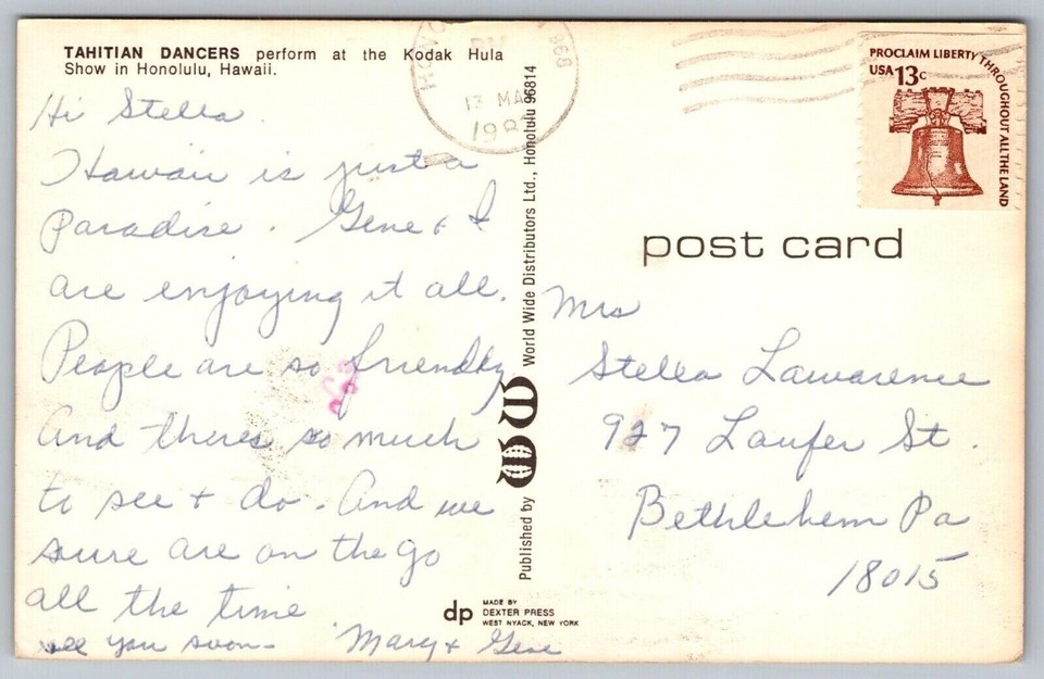 Honolulu Hawaii Kodak Hula Show Tahitain Dancers Chrome Cancel WOB